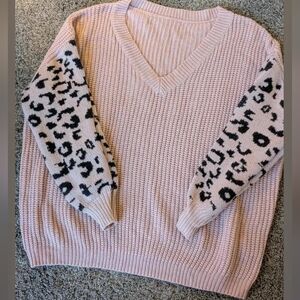 Leopard Sleeve Pink Sweater